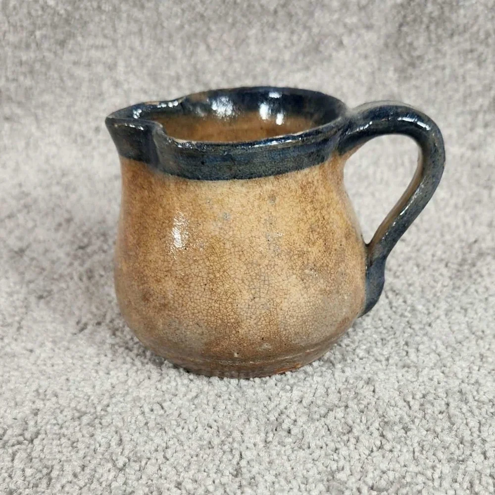 Studio Pottery Creamer Pitcher Tan Cobalt Blue‎ Rustic Farmhouse Small